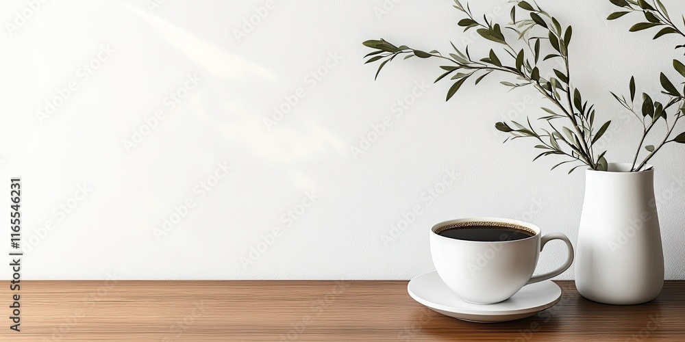 Home office concept. Empty horizontal wooden picture frame mockup. Cup of coffee on wooden table. White wall background. Vase with olive branches. Elegant working space. Scandinavian interior design. Home office concept. Empty horizontal wooden picture frame mockup. Cup of coffee on wooden table. White wall background. Vase with olive branches. Elegant working space. Scandinavian interior design.