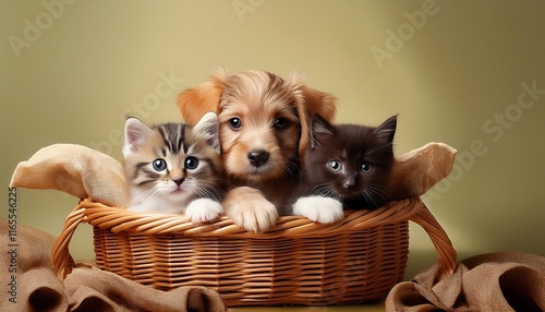 Kittens and puppies live together in good neighborhood in a wicker basket photo