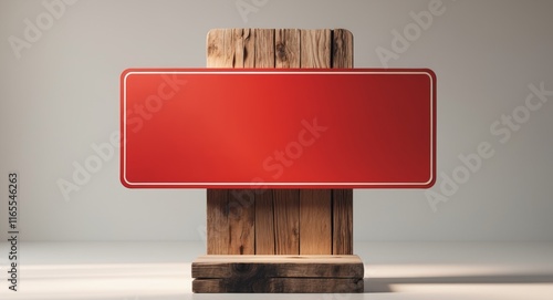 Bright Red Blank Sign on Wooden Stand for Advertising and Promotions photo