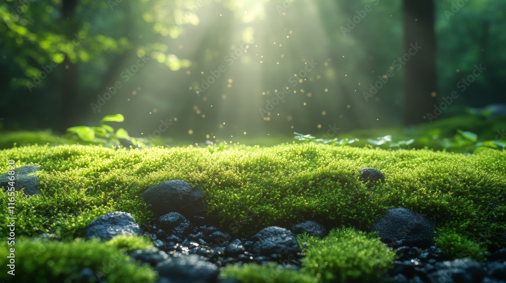 Sunlit moss-covered ground in a tranquil forest Sunlit moss-covered ground in a tranquil forest