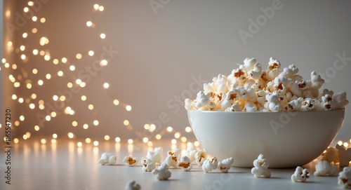 Cozy Movie Night Snack Setup with Bowl of Popcorn Surrounded by Twinkling Lights photo