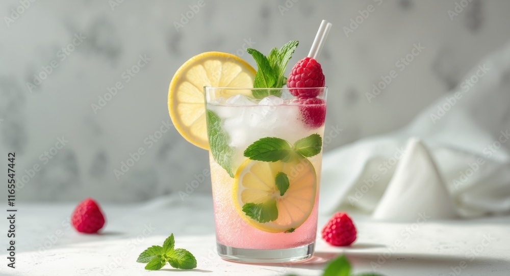 Iced Raspberry Lemon Mint Drink in Glass Iced Raspberry Lemon Mint Drink in Glass