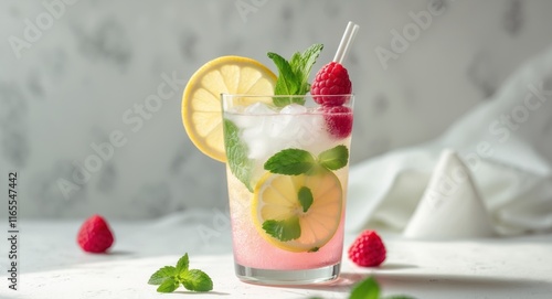 Iced Raspberry Lemon Mint Drink in Glass photo