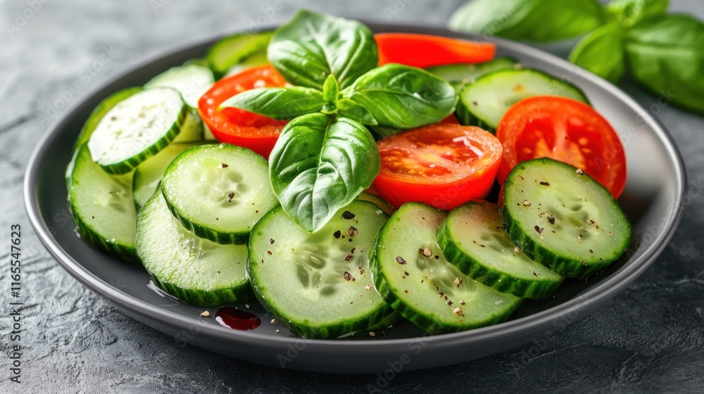 A minimalist plate of salad with thinly sliced cucumbers and tomatoes, garnished with fresh basil leaves and a light drizzle of red wine vinegar for a crisp, refreshing taste. A minimalist plate of salad with thinly sliced cucumbers and tomatoes, garnished with fresh basil leaves and a light drizzle of red wine vinegar for a crisp, refreshing taste.