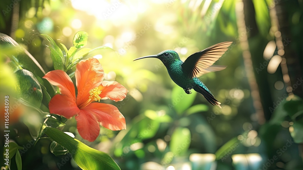 A vibrant hummingbird hovering near a bright flower in a tropical rainforest, with blurred greenery in the background. A vibrant hummingbird hovering near a bright flower in a tropical rainforest, with blurred greenery in the background.