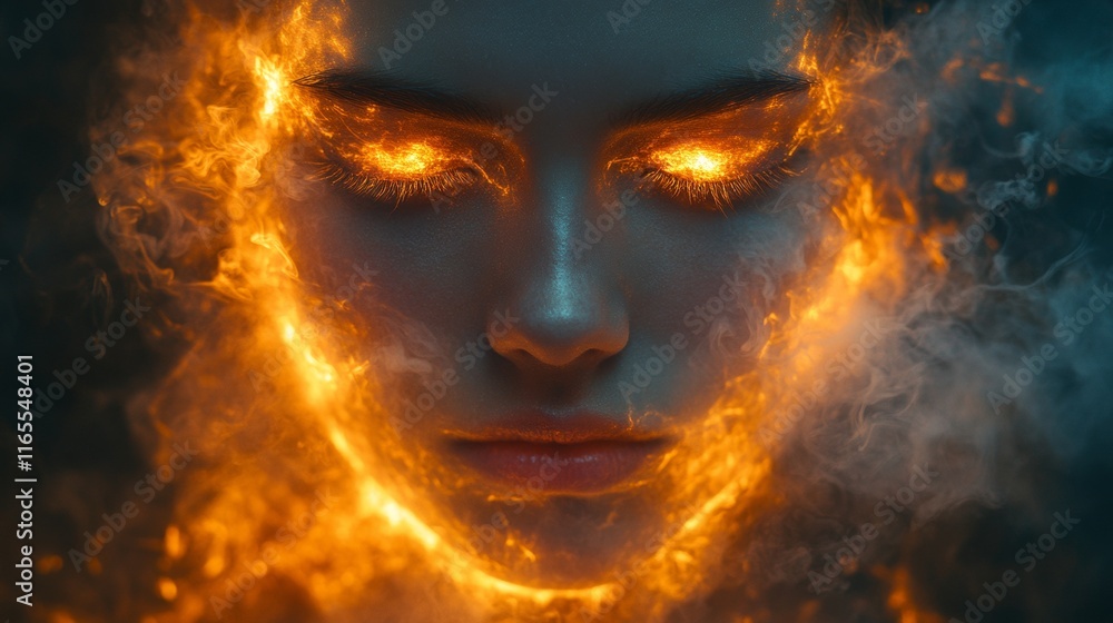 Abstract glowing face with fiery details in dramatic light Abstract glowing face with fiery details in dramatic light