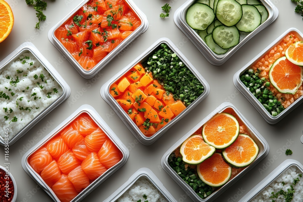 Fresh ingredients arranged in containers for a vibrant culinary presentation Fresh ingredients arranged in containers for a vibrant culinary presentation