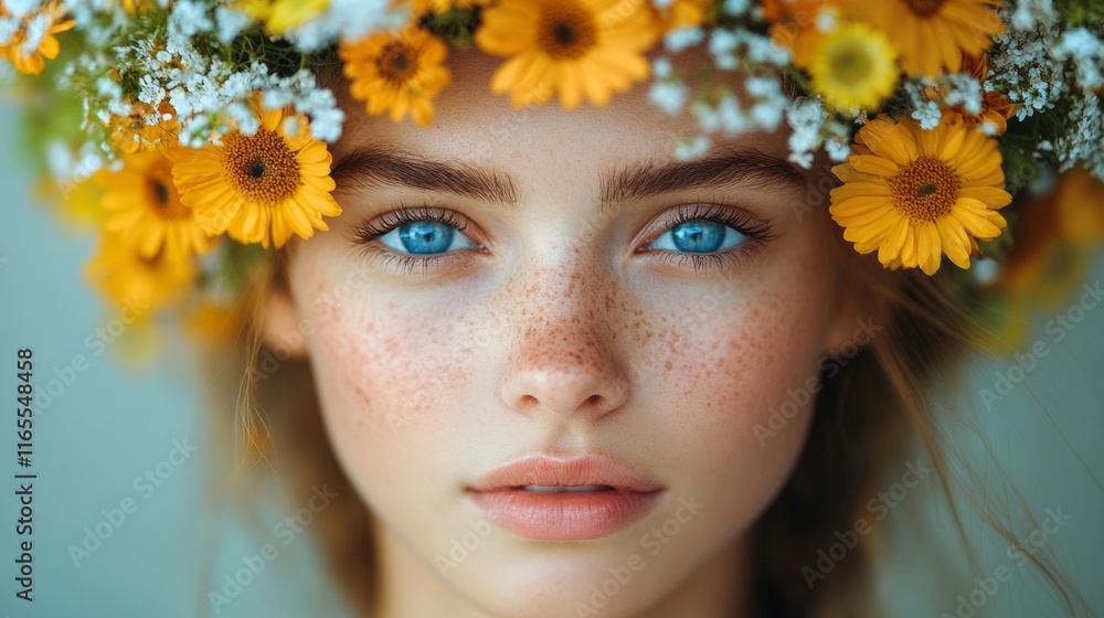 Portrait of a woman with a vibrant sunflower crown Portrait of a woman with a vibrant sunflower crown
