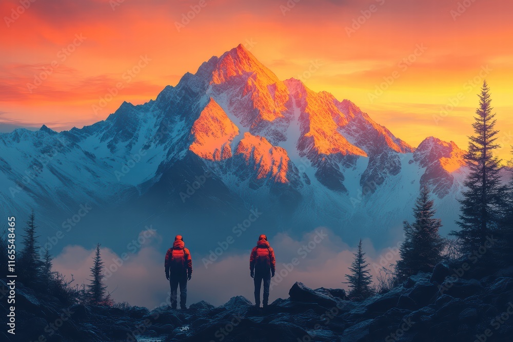Obraz premium Majestic sunset view of mountain hikers exploring a breathtaking landscape experience