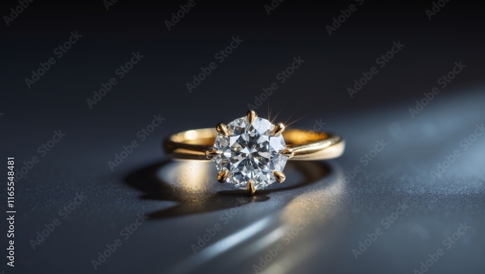 Sparkling Diamond Ring With Gold Band On Dark Surface Sparkling Diamond Ring With Gold Band On Dark Surface