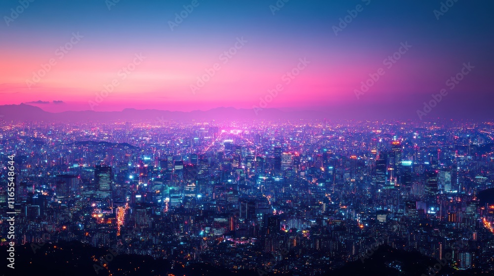 Fototapeta premium City skyline at dusk with vibrant lights.