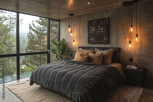 Modern industrial minimalist bedroom design with concrete walls cozy interiors nature views contemporary style high fidelity ambiance