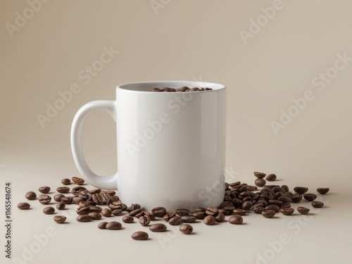 white coffee mug mockup with coffee beans surrounding and in the background photo