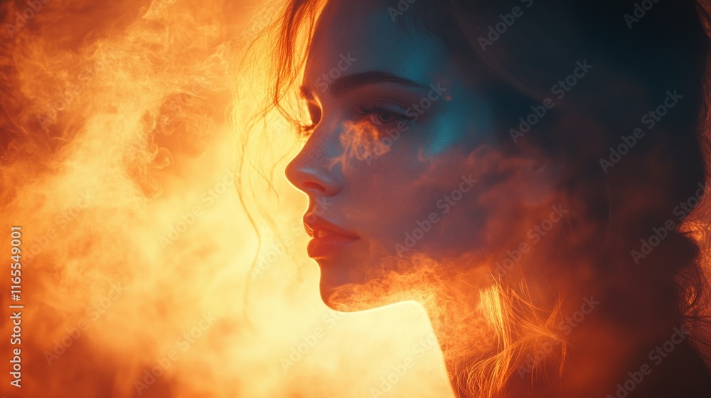 Profile of a woman surrounded by fiery glowing smoke Profile of a woman surrounded by fiery glowing smoke