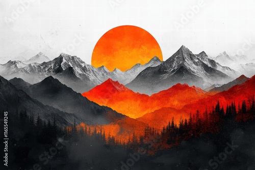 Stunning graphic layout of mountains and sunset for promotional flyer design resolution photo