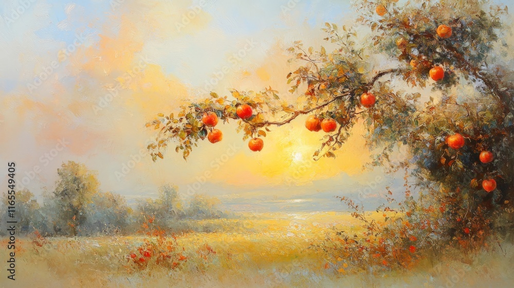 Serene Autumn Orchard with Ripe Apples at Golden Hour Serene Autumn Orchard with Ripe Apples at Golden Hour