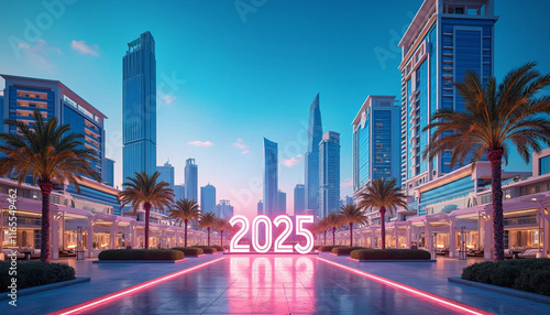 Vibrant Cityscape with "2025" Neon Sign