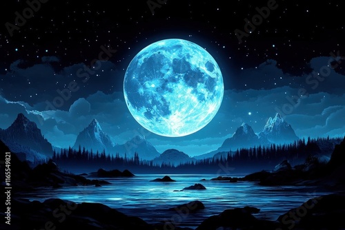 Serene nightscape with a large, blue moon rising over a tranquil lake and mountain range.