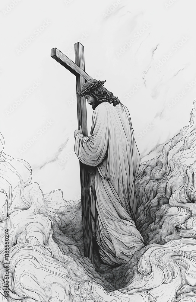 Obraz premium Illustration of Jesus Christ wearing a crown of thorns, Easter, Christmas, Lent, Thanksgiving, Golgotha ​​Hill, Cross