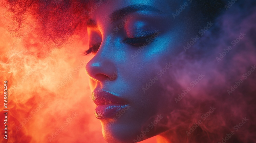 Profile of a woman surrounded by glowing red and blue smoke Profile of a woman surrounded by glowing red and blue smoke