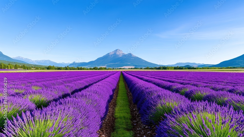Naklejka premium A vibrant lavender field under a clear blue sky with mountains.