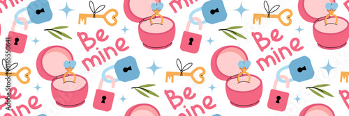 Marry me seamless pattern. Engagement ring with diamond in pink box. Happy Valentines day background with hand lettering. Locks and a key are symbols of love. Wedding day clipart. Vector illustration.
