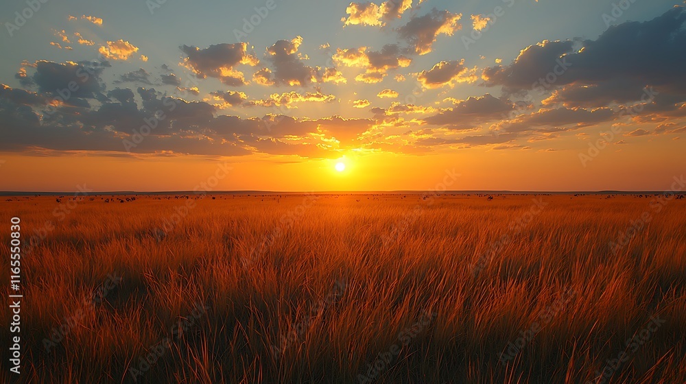 Fototapeta premium Vibrant sunset over a golden field of tall grass.