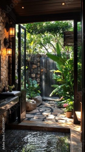 Relaxing open-air bathroom surrounded by tropical landscaping and natural elements serenity retreat private oasis lush environment tranquil viewpoint photo