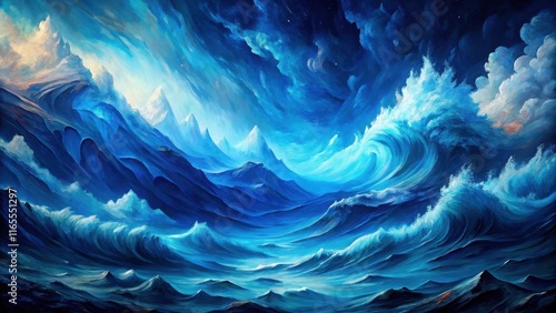 A surreal dreamscape depicting a stormy ocean and majestic mountains, painted with swirling blues and whites, evoking a sense of awe and wonder. photo