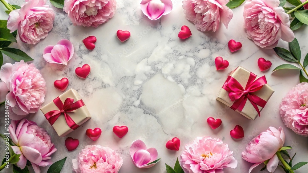 A Romantic Arrangement of Pink Peonies, Hearts, and a Wrapped Gift on a Marble Surface A Romantic Arrangement of Pink Peonies, Hearts, and a Wrapped Gift on a Marble Surface