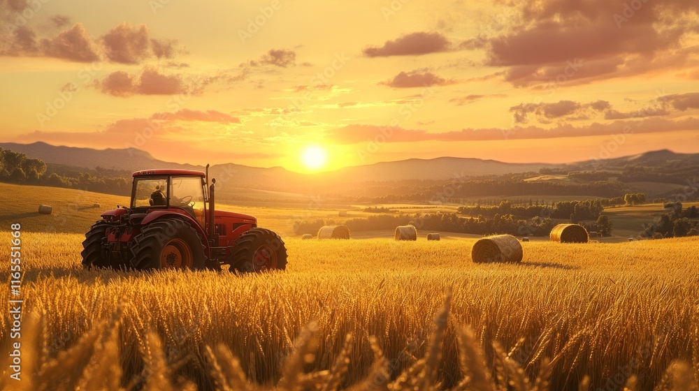 Fototapeta premium A tractor parked in a golden wheat field during sunset, with bales of hay in the background. 