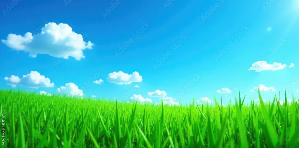 Lush green grass overlay on a deep blue sky backdrop , idyllic, meadow, view Lush green grass overlay on a deep blue sky backdrop , idyllic, meadow, view