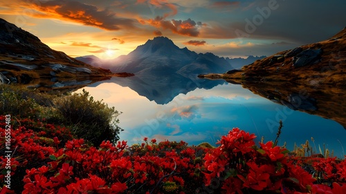Tranquil Vibrant Sunset Reflecting on Lake Surrounded by Nature