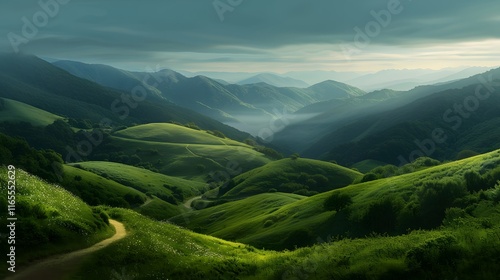 Winding Trail Through Lush Green Valley in Ethereal Light