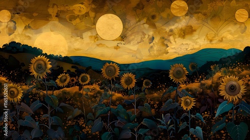 Vivid Sunset Casting Golden Hues Over a Field of Sunflowers
