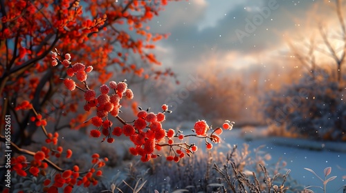 Winter Landscape with Frost-Kissed Glowing Flowers at Dawn