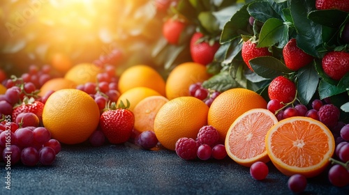 Fresh citrus fruits and berries on a rustic table