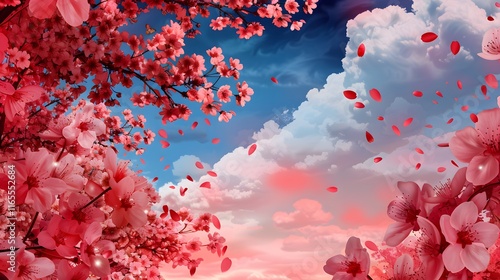 Radiant Cherry Blossoms Blooming Under Spring Sky with Petals