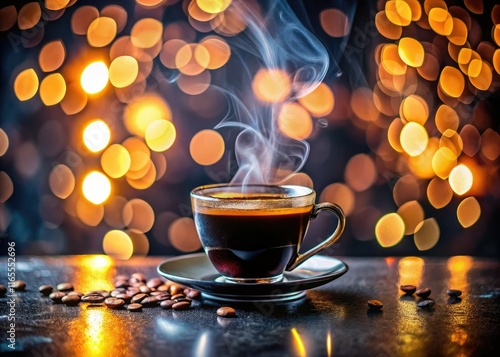 Espresso Coffee Cup on Dark Stone Countertop Bokeh Effect