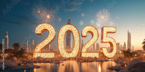 Vibrant Cityscape with "2025" Neon Sign