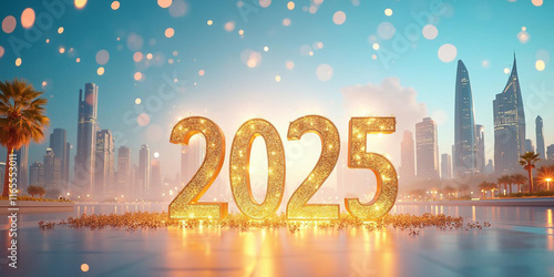 Vibrant Cityscape with "2025" Neon Sign