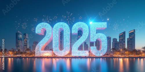 Vibrant Cityscape with "2025" Neon Sign