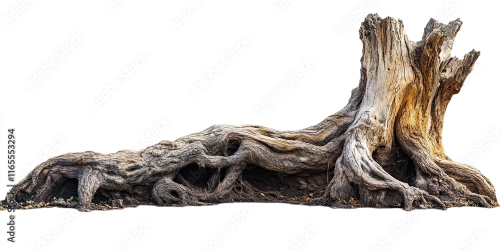 Ancient tree trunk. Dead tree isolated on white background. Barn tree. Isolated root Ancient tree trunk. Dead tree isolated on white background. Barn tree. Isolated root