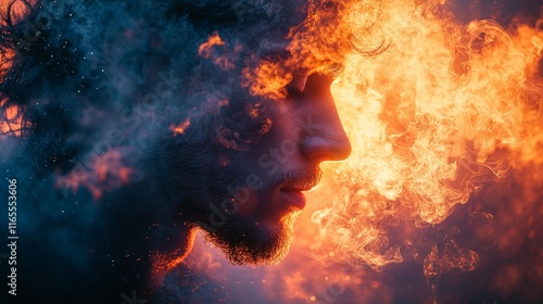 Silhouette of a man surrounded by fiery smoke