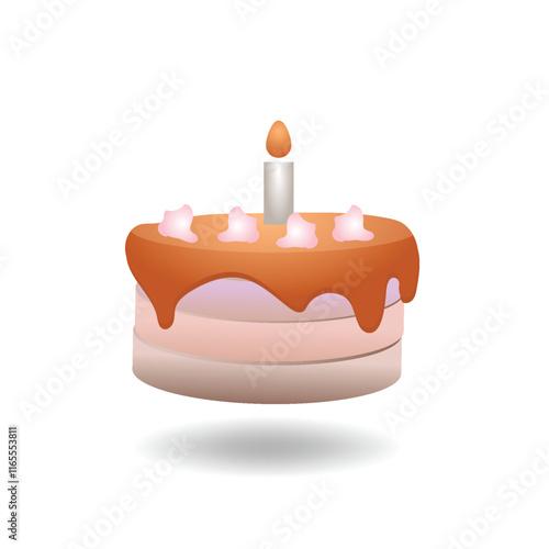 3D birthday cake with candle. Luxurious creamy dessert. Festive pastries with glaze vector illustration design background