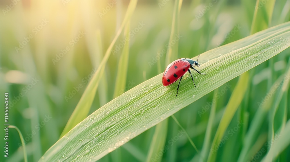 Close-Up of Ladybug on Green Leaf Glimmering with Morning Dew in Nature Setting Close-Up of Ladybug on Green Leaf Glimmering with Morning Dew in Nature Setting