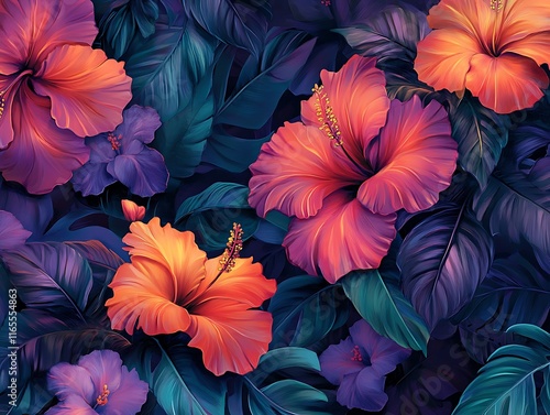 Wallpaper Mural vibrant tropical flowers in a dynamic repeating design with bold outlines  Torontodigital.ca