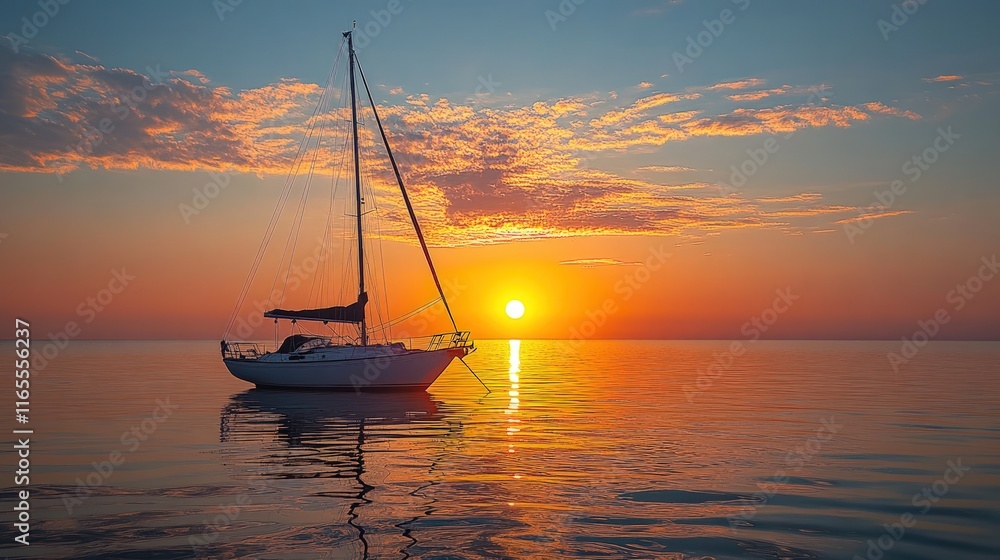 Fototapeta premium Sailboat at sunset, calm water, fiery sky.