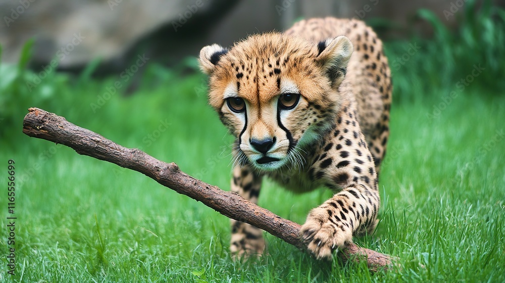 A young cheetah playing with a stick in the grass, its sharp gaze focused on the object in front of it. A young cheetah playing with a stick in the grass, its sharp gaze focused on the object in front of it.