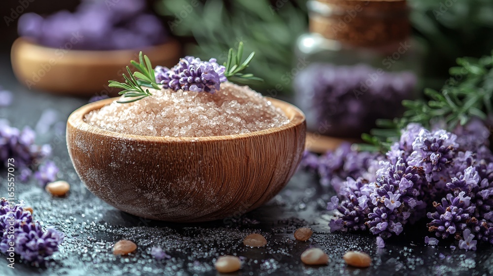 Lavender flowers and aromatic salts in a wooden bowl Lavender flowers and aromatic salts in a wooden bowl